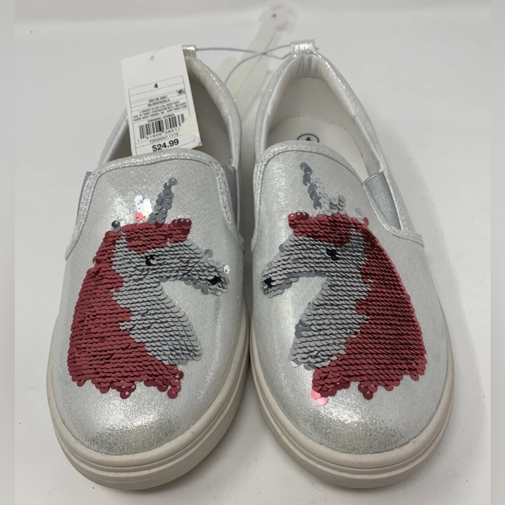 Cat & Jack Silver Metallic Silver Slip‎ On Shoes With Unicorn girls Size 4